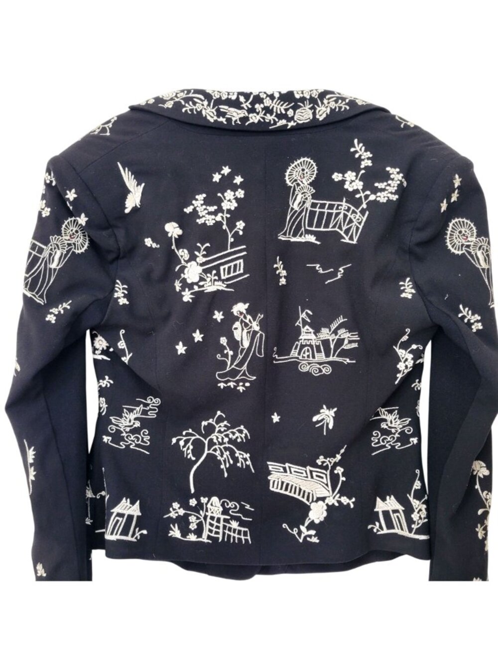 BCBG Max Azria Black Embroidered Bowie Blazer Jacket With Asian Floral & Scenic - Picture 5 of 5